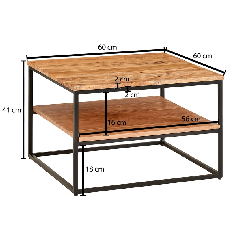 Couchtisch 60x60x41cm Akazie Massivholz Metall Industrial Stauraum