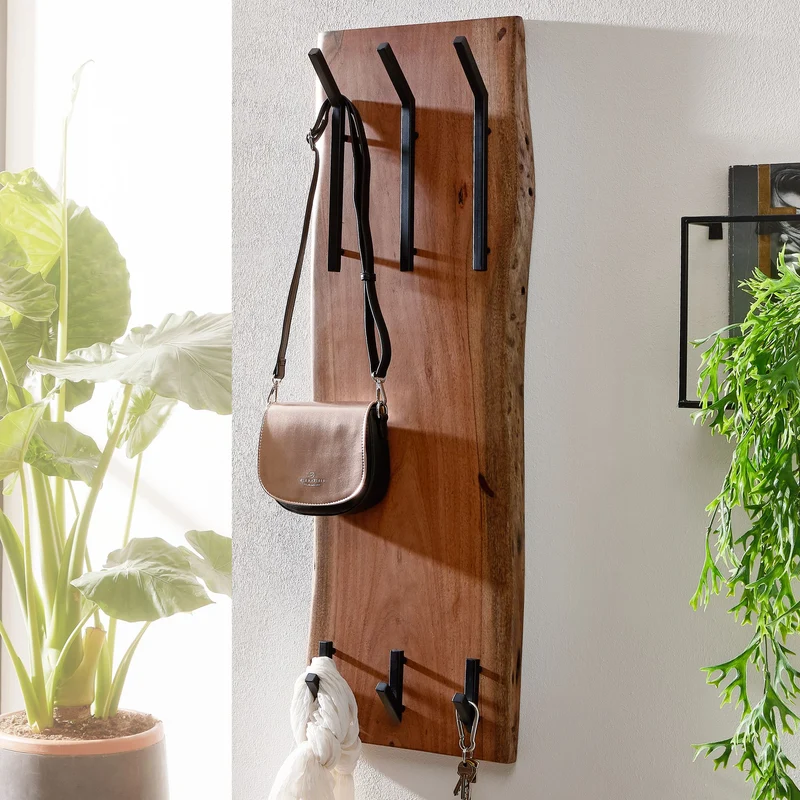 Wandgarderobe Akazie Massivholz Metall Hakenleiste 2-reihig 35,5x100x11cm