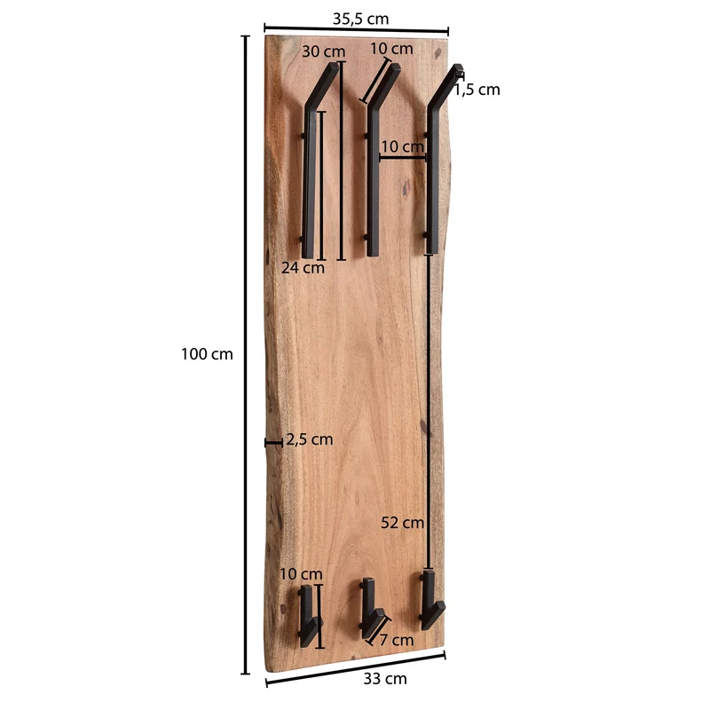 Wandgarderobe Akazie Massivholz Metall Hakenleiste 2-reihig 35,5x100x11cm