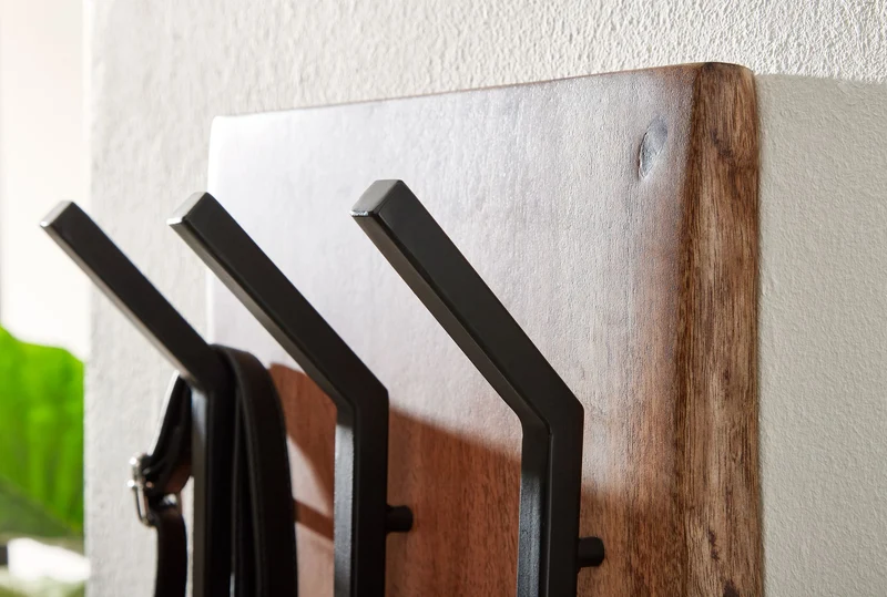Wandgarderobe Akazie Massivholz Metall Hakenleiste 2-reihig 35,5x100x11cm
