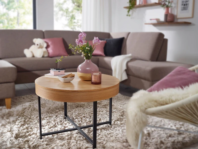Couchtisch Rund Ø69cm Eichenoptik Stauraum Metallbeine MDF