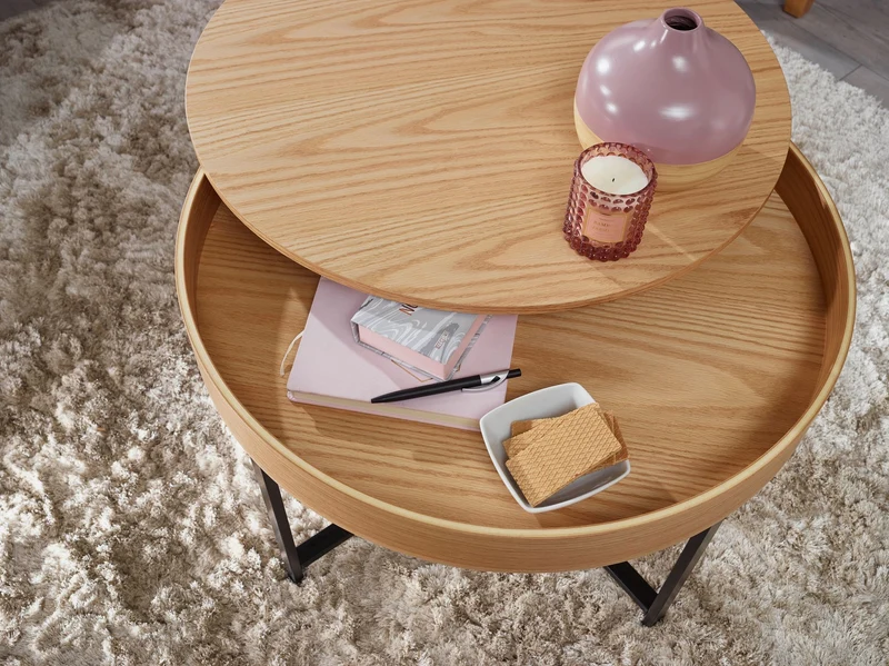 Couchtisch Rund Ø69cm Eichenoptik Stauraum Metallbeine MDF