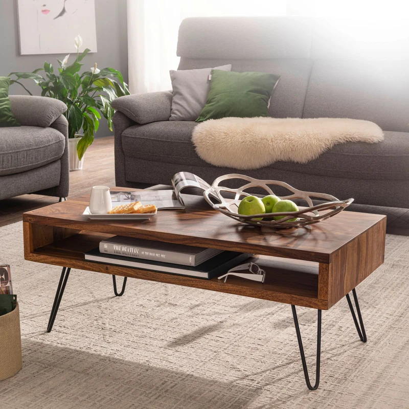 Couchtisch 100x40x50cm Sheesham Massivholz Metall Rechteckig Wohnzimmer