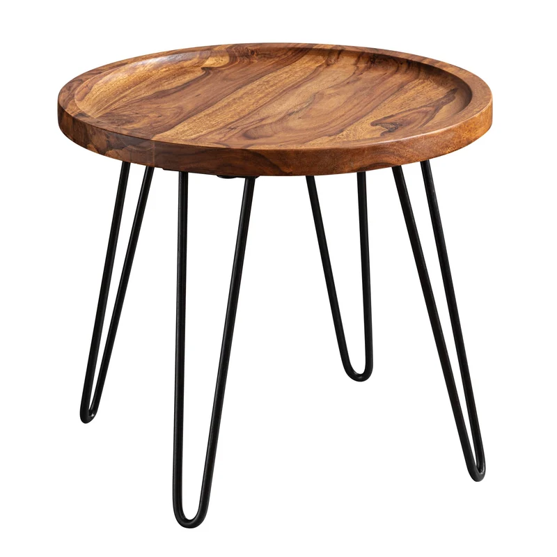 Couchtisch Sheesham Massivholz Rund 45x40x45cm Haarnadelbeine Metall
