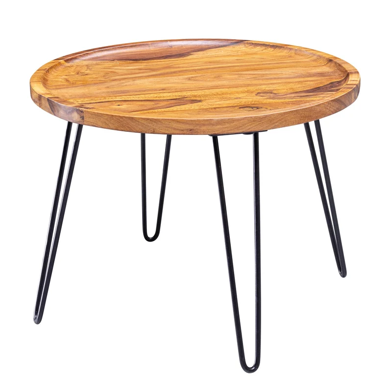 Couchtisch Sheesham Massivholz Rund 60x45x60cm Haarnadelbeine Metall