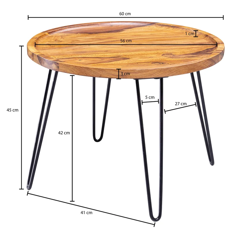 Couchtisch Sheesham Massivholz Rund 60x45x60cm Haarnadelbeine Metall