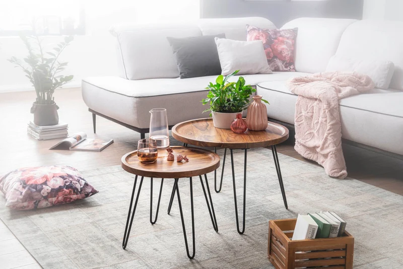 Couchtisch Sheesham Massivholz Rund 60x45x60cm Haarnadelbeine Metall