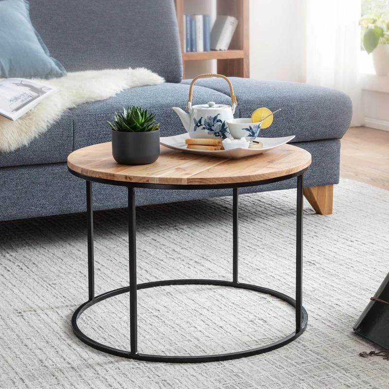 Couchtisch Akazie Massivholz Metall Rund 60x43x60cm Wohnzimmer Design