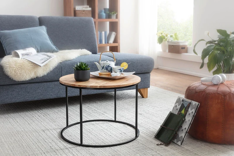 Couchtisch Akazie Massivholz Metall Rund 60x43x60cm Wohnzimmer Design