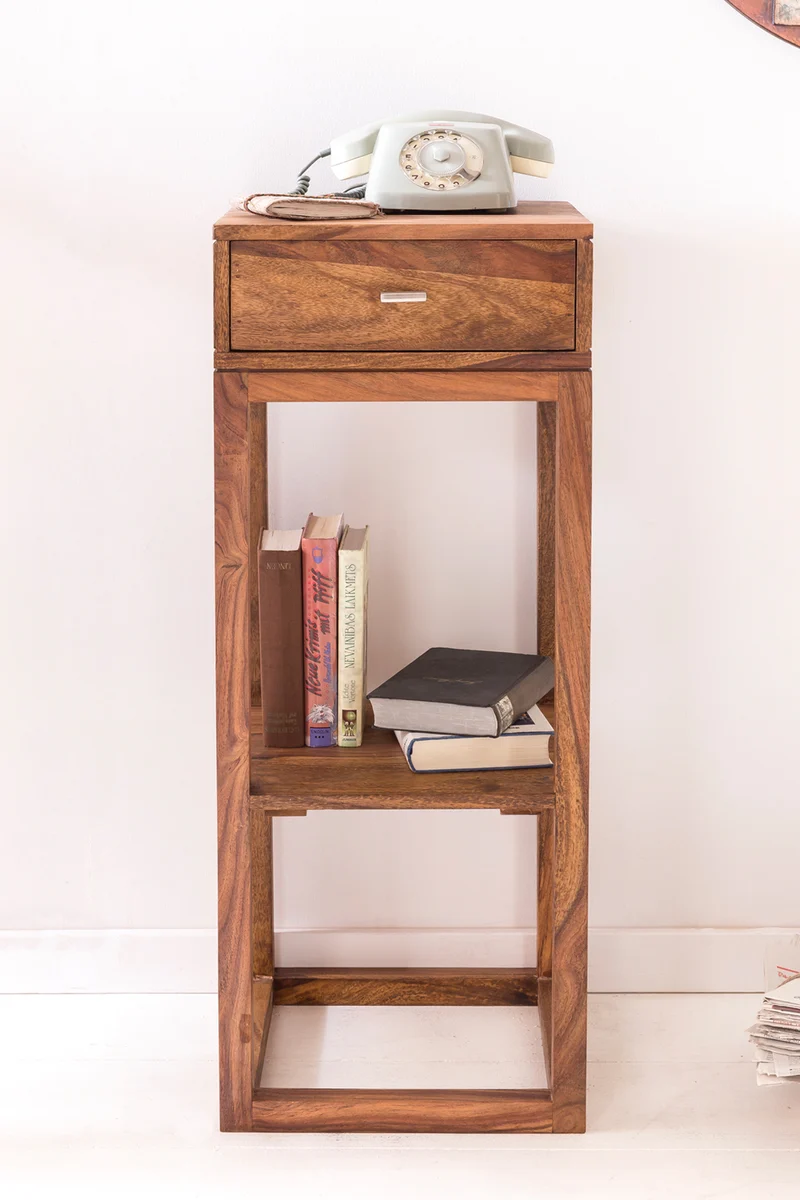 Beistelltisch MUMBAI Sheesham Massivholz mit Schublade 35x35x90 cm
