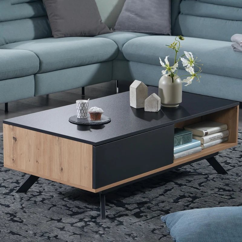 Couchtisch 110x60x38cm MDF Eiche-Dekor Schwarz mit Stauraum Schubladen