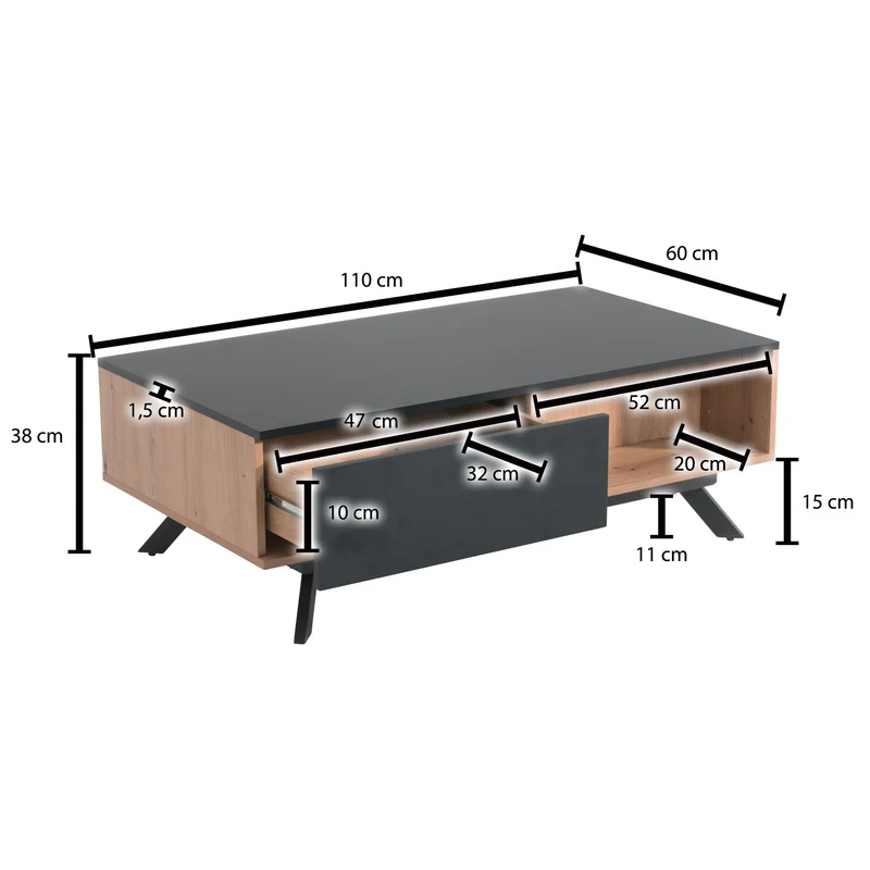 Couchtisch 110x60x38cm MDF Eiche-Dekor Schwarz mit Stauraum Schubladen