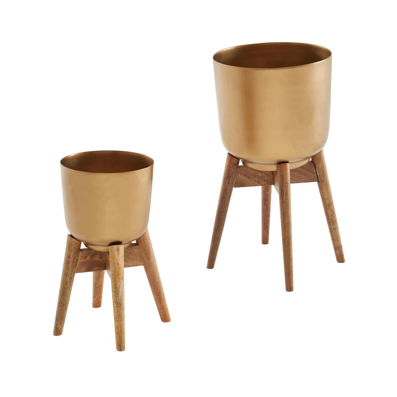 Blumentopf 2er Set Metall Massivholz Gold Rund mit Füßen