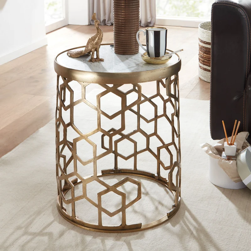 Beistelltisch Marmor Weiß 46x46x55cm Metall Gold Rund Modern