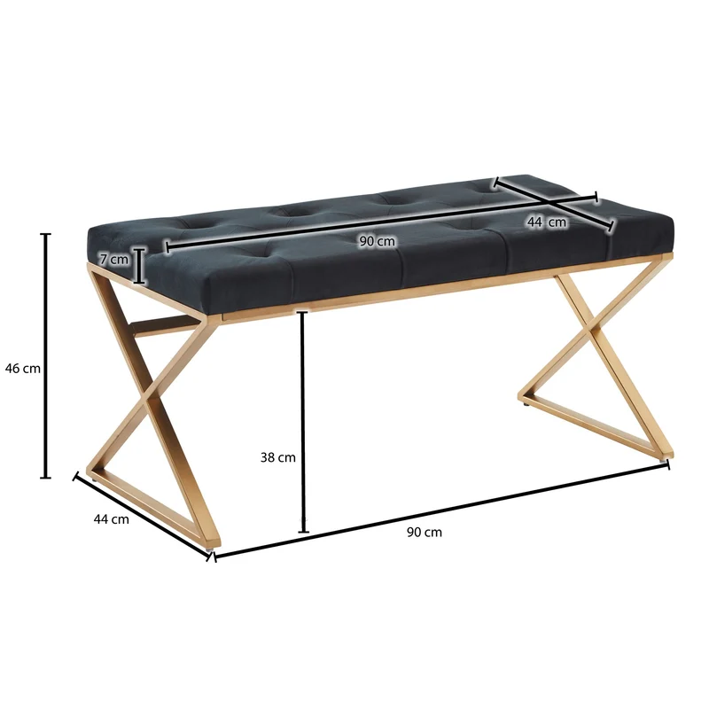 Sitzbank Chesterfield Samt Schwarz 90x46x44cm Metallgestell Modern