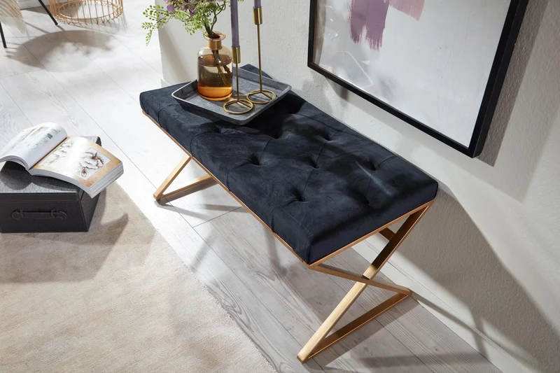 Sitzbank Chesterfield Samt Schwarz 90x46x44cm Metallgestell Modern