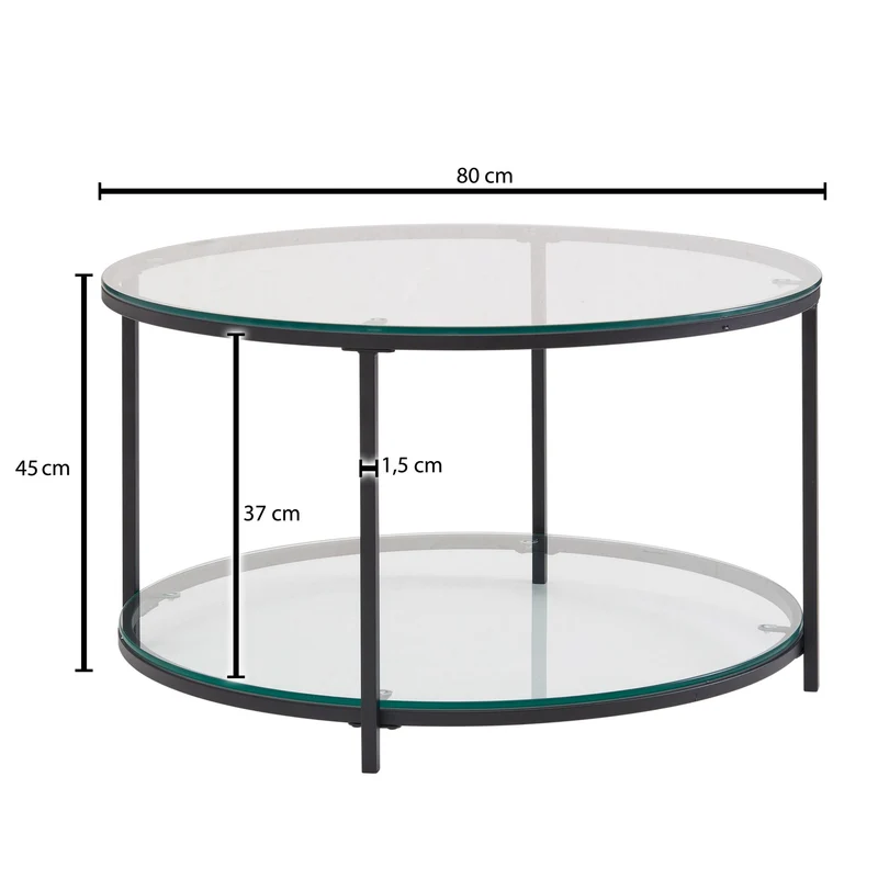 Couchtisch Rund Glas Metall 80x80x45cm Modern mit Stauraum Ablagefach