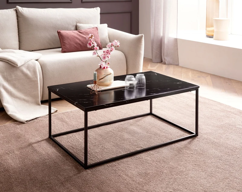 Couchtisch 100x60x40cm Marmoroptik Schwarz Metallgestell Eckig