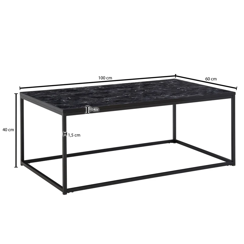 Couchtisch 100x60x40cm Marmoroptik Schwarz Metallgestell Eckig
