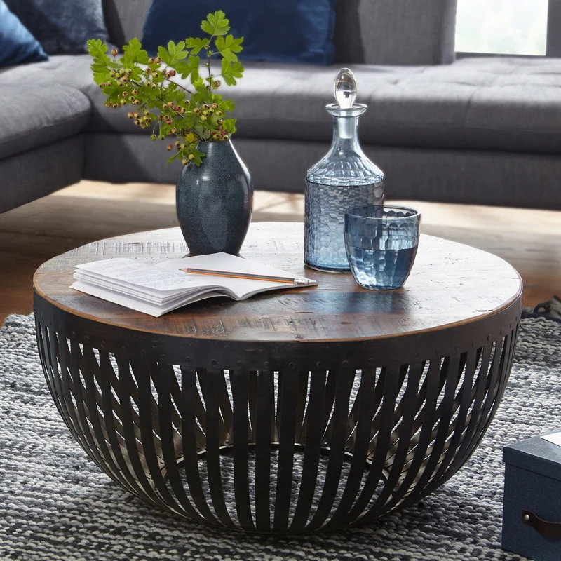 Couchtisch 70x33x70cm Holz Metall rund Industrial Design Wohnzimmer