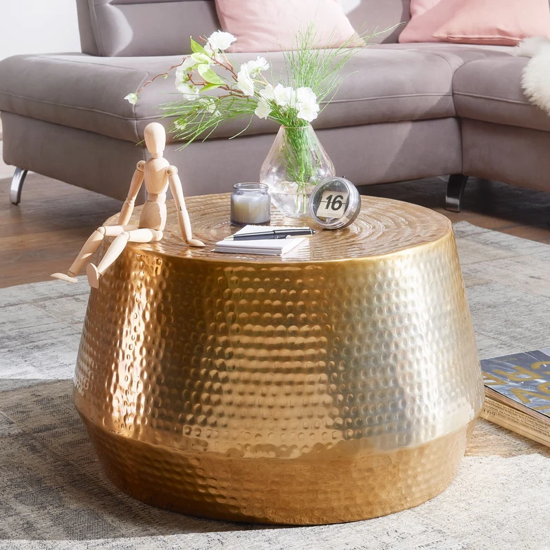Couchtisch 60x36x60cm Aluminium Gold Orientalisch Rund Hammerschlag