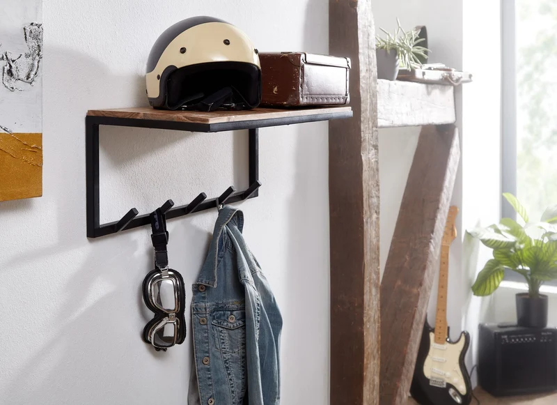 Wandgarderobe Akazie Massivholz Metall Hakenleiste Ablage 70x27x30cm