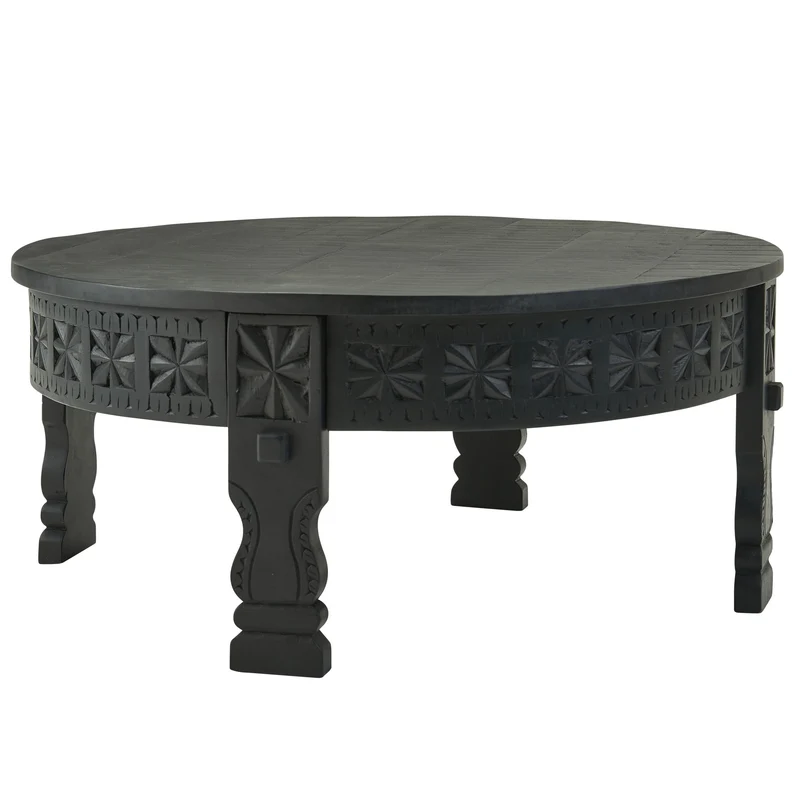 Couchtisch Mango Massivholz Rund 80x36cm Schwarz Orientalisch