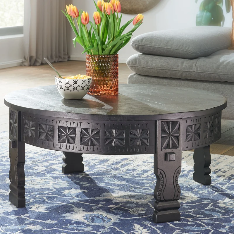 Couchtisch Mango Massivholz Rund 80x36cm Schwarz Orientalisch