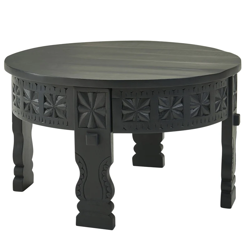 Couchtisch Mango Massivholz Rund 60x36x60cm Schwarz Orientalisch