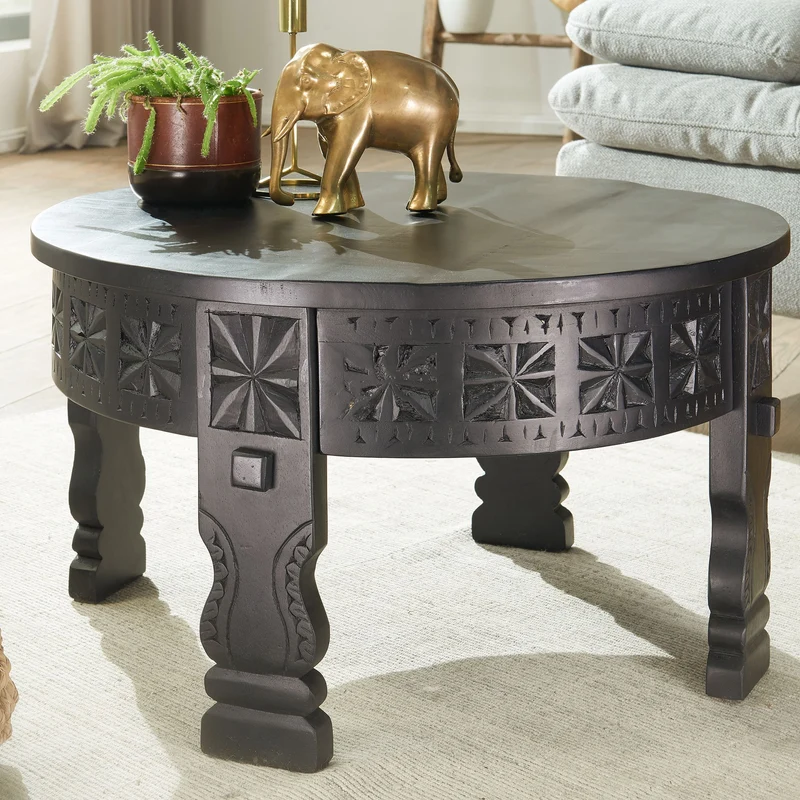 Couchtisch Mango Massivholz Rund 60x36x60cm Schwarz Orientalisch