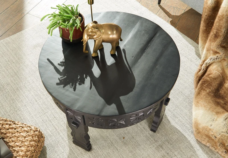 Couchtisch Mango Massivholz Rund 60x36x60cm Schwarz Orientalisch