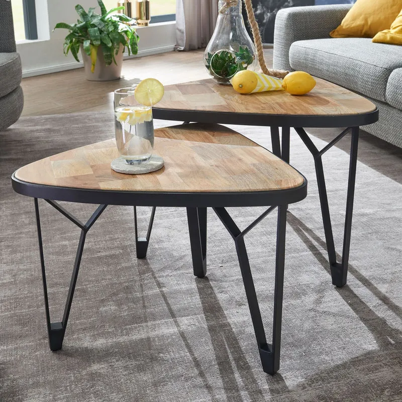 Couchtisch Set 2er Mango Akazie Massivholz Dreieckig Metall Braun