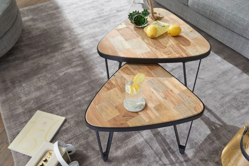Couchtisch Set 2er Mango Akazie Massivholz Dreieckig Metall Braun