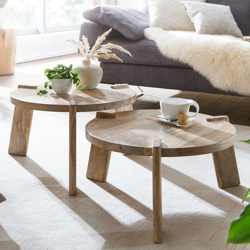 Couchtisch 2er Set Mango Massivholz Rund Hell Wohnzimmertisch