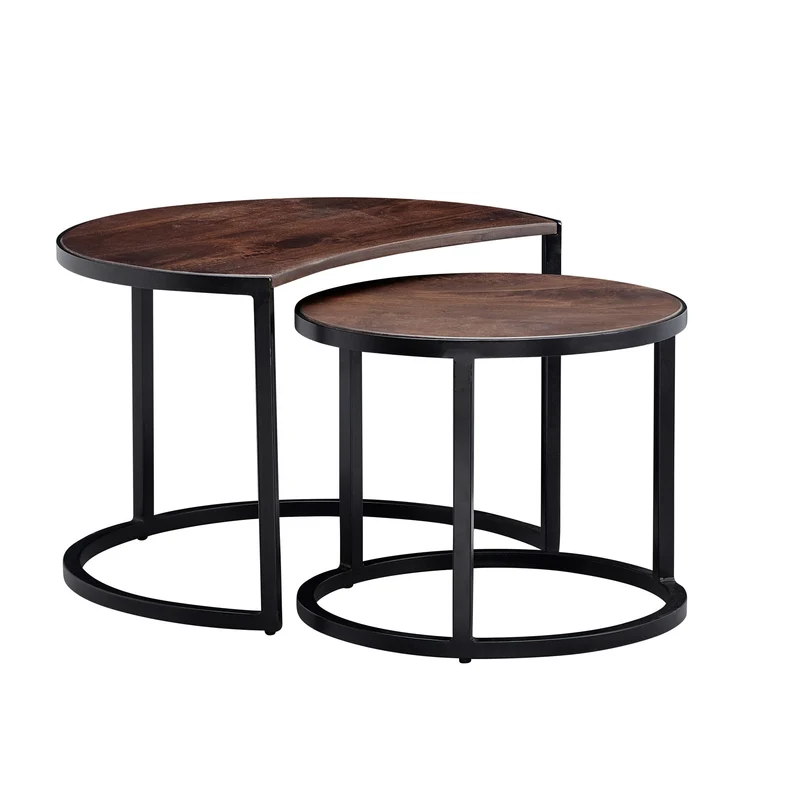 Couchtisch Set 2-teilig Mango Massivholz Rund Metallbeine Schwarz