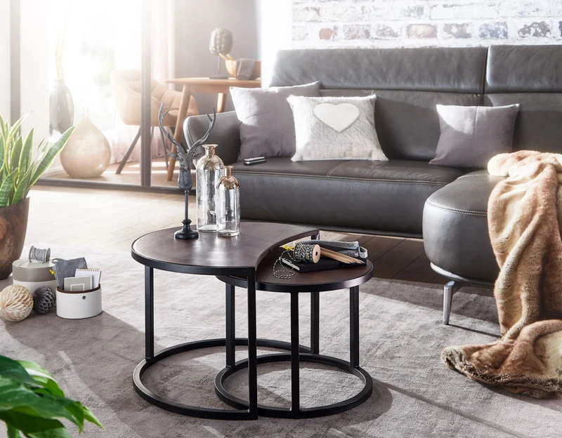 Couchtisch Set 2-teilig Mango Massivholz Rund Metallbeine Schwarz
