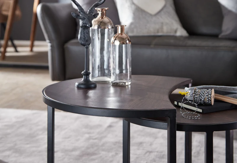 Couchtisch Set 2-teilig Mango Massivholz Rund Metallbeine Schwarz