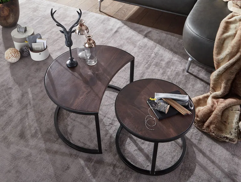 Couchtisch Set 2-teilig Mango Massivholz Rund Metallbeine Schwarz