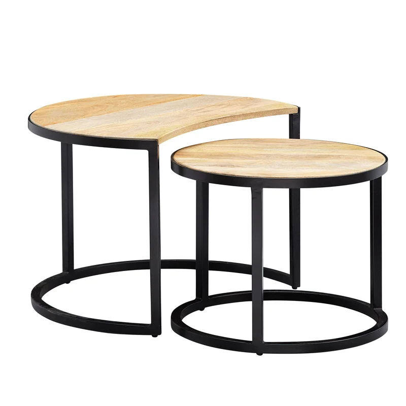 Couchtisch Set 2-teilig Mango Massivholz Rund Metallbeine Schwarz