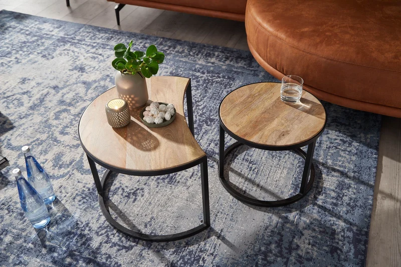 Couchtisch Set 2-teilig Mango Massivholz Rund Metallbeine Schwarz