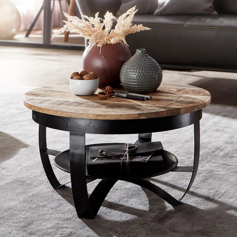 Couchtisch Mango Massivholz Metall Rund Industrial Schwarz 60x34x60cm