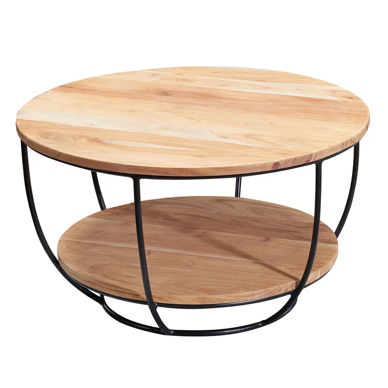 Couchtisch Akazie Massivholz Metall Rund Industrial Braun mit Ablage