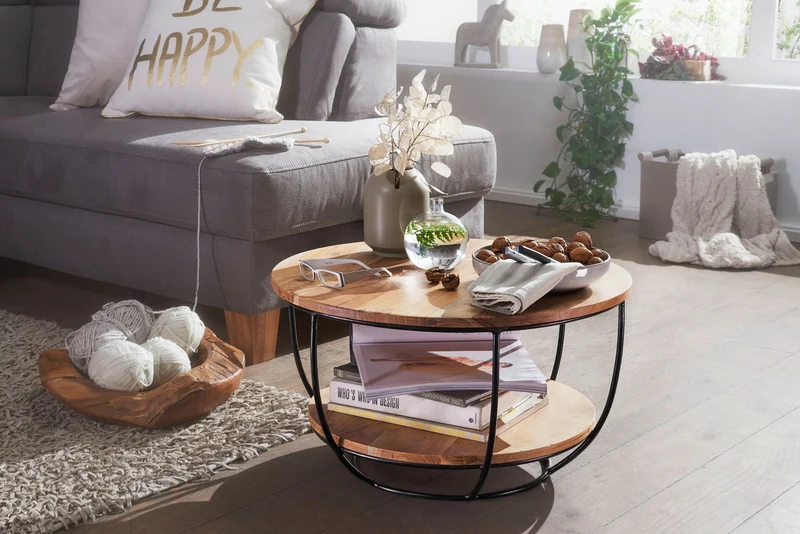 Couchtisch Akazie Massivholz Metall Rund Industrial Braun mit Ablage