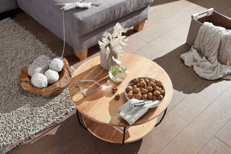 Couchtisch Akazie Massivholz Metall Rund Industrial Braun mit Ablage