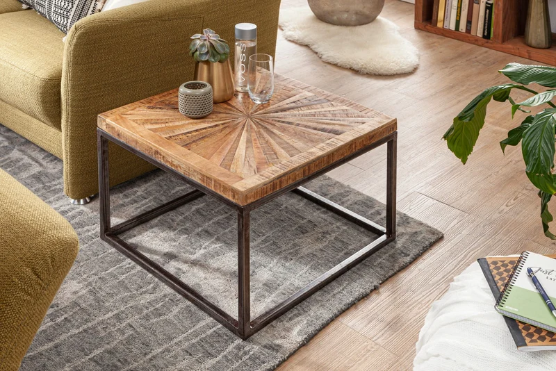 Couchtisch Mango Massivholz 55x40x55cm Metallgestell Industrial Design