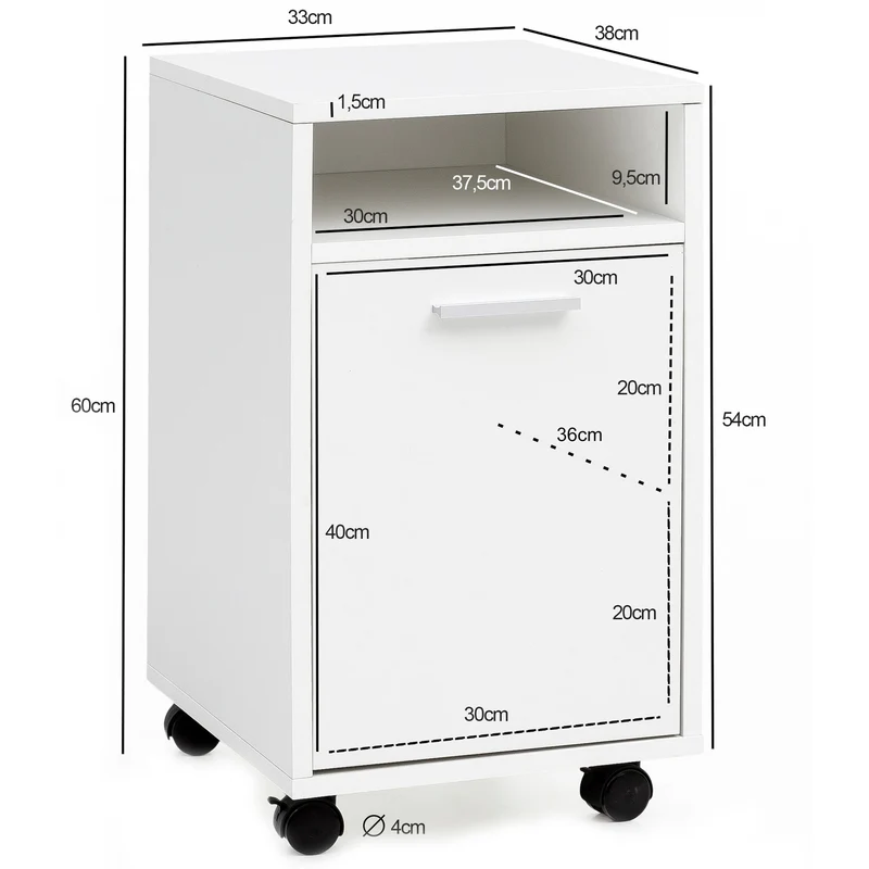 Rollcontainer Weiß 33x60x38cm Schubladenschrank mit Tür & Rollen