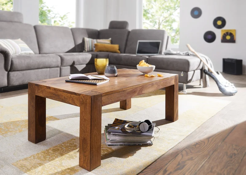 Couchtisch Sheesham Massivholz 110cm Dunkelbraun Landhausstil