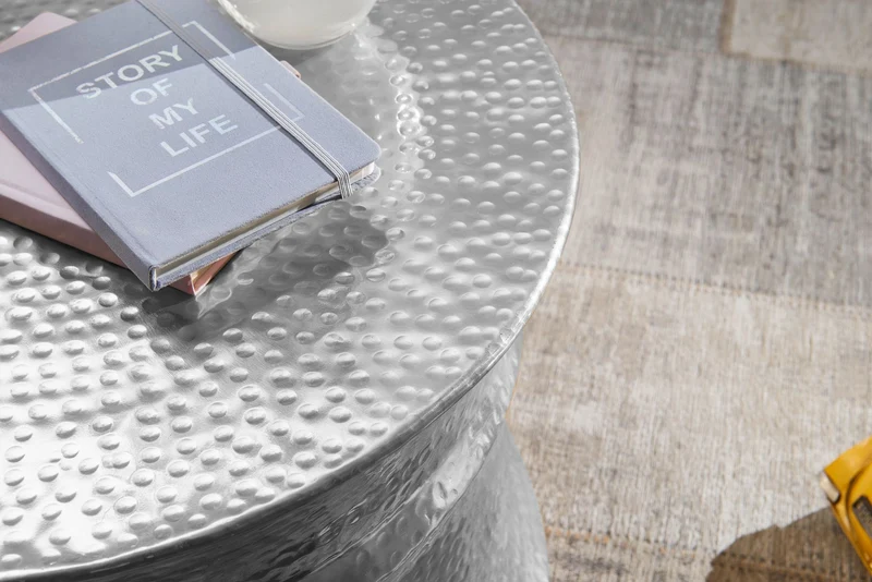 Couchtisch Aluminium Silber orientalisch rund Hammerschlag Design modern