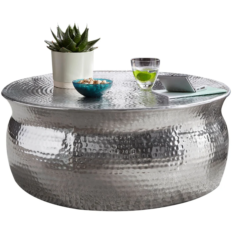 Couchtisch 75x31x75cm Aluminium Silber orientalisch rund Hammerschlag