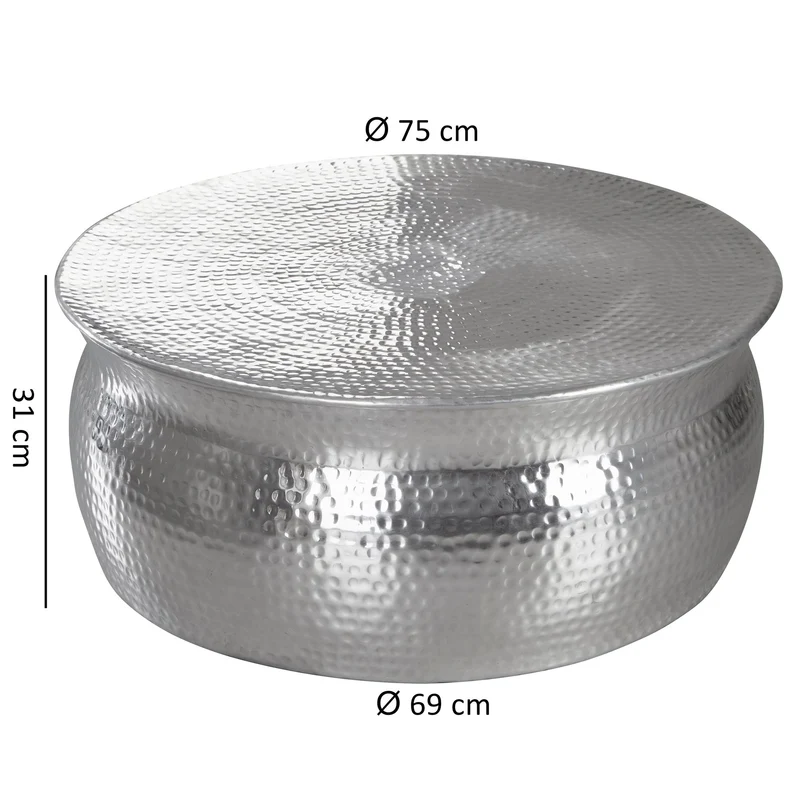 Couchtisch 75x31x75cm Aluminium Silber orientalisch rund Hammerschlag